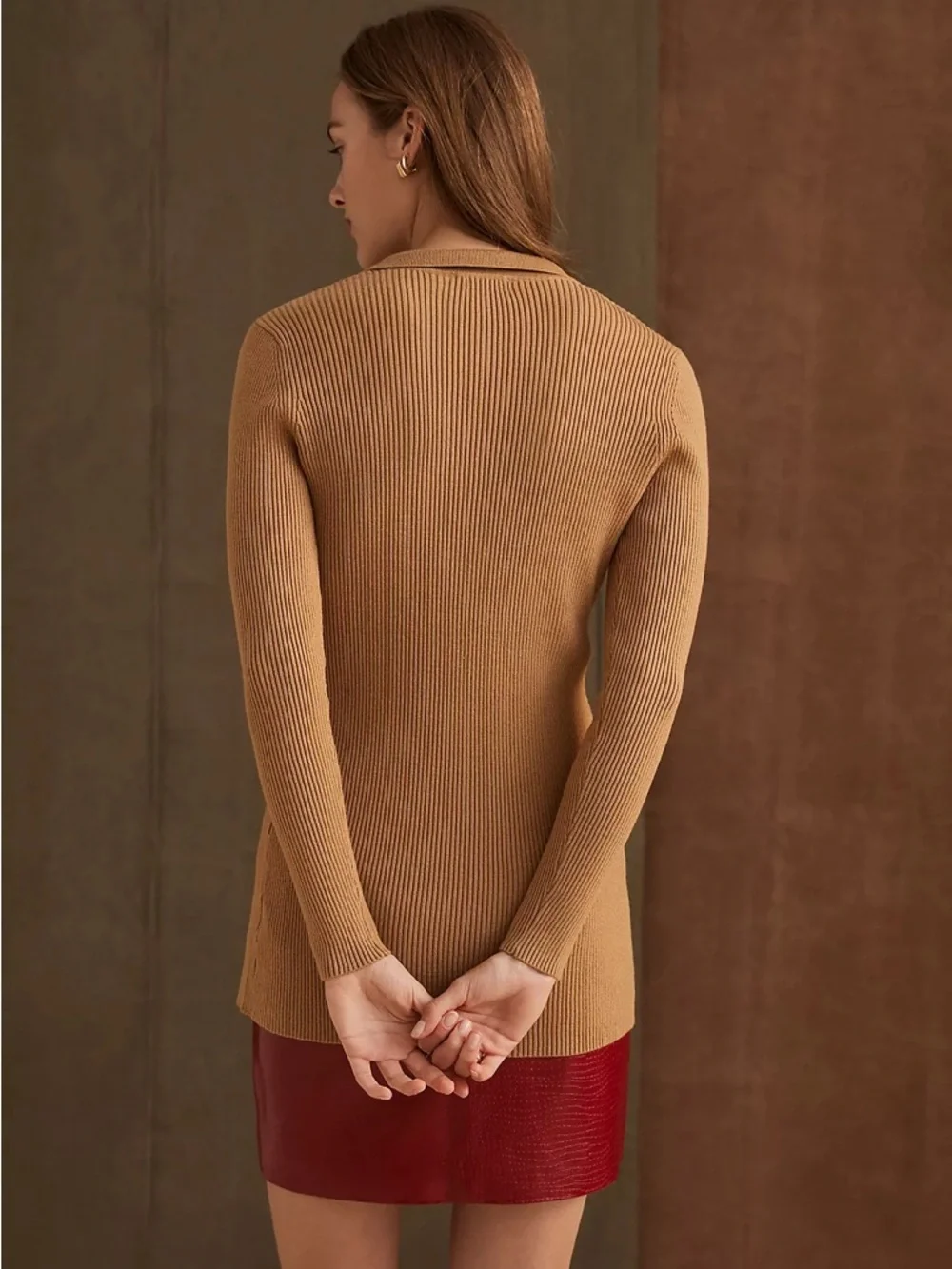 Anthropologie Maeve Ribbed Slim Cardigan Top Size XS Tan